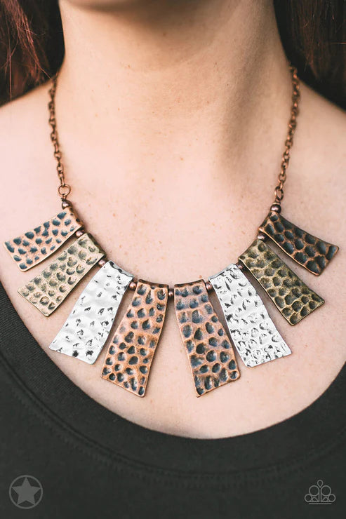 A Fan of the Tribe - Oversized Multi (Copper/Silver/Brass) Abstract  Textured Hammered Divots Wavy Plate Fan Necklace N#6147