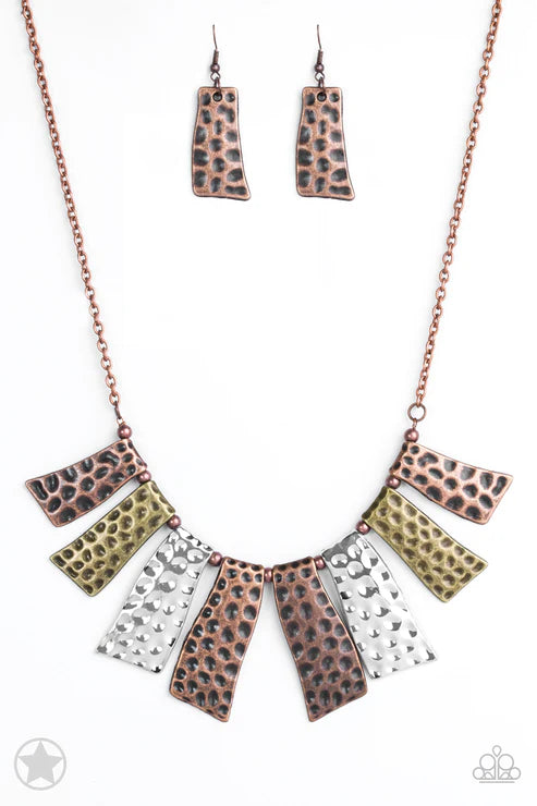 A Fan of the Tribe - Oversized Multi (Copper/Silver/Brass) Abstract  Textured Hammered Divots Wavy Plate Fan Necklace N#6147