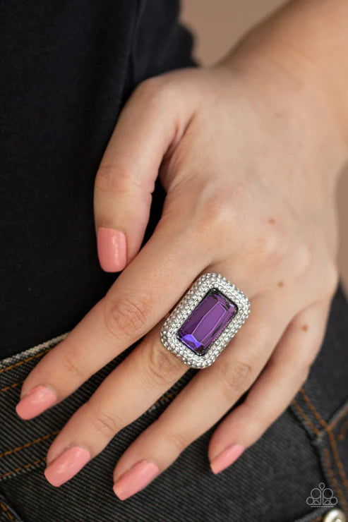 A Grand STATEMENT-MAKER - Purple Regal Emerald Cut Dramatic Oversized Gem Nestled Frame Encrusted White Blinding Ring R#6124