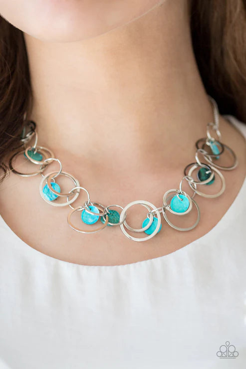 A Hot SHELL-er - Blue Bit of Iridescent Shell Mismatched Hoops Necklace N#6512