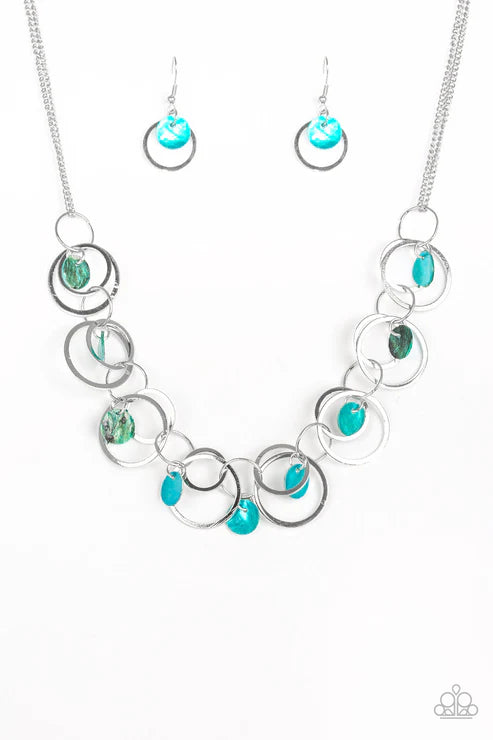A Hot SHELL-er - Blue Bit of Iridescent Shell Mismatched Hoops Necklace N#6512