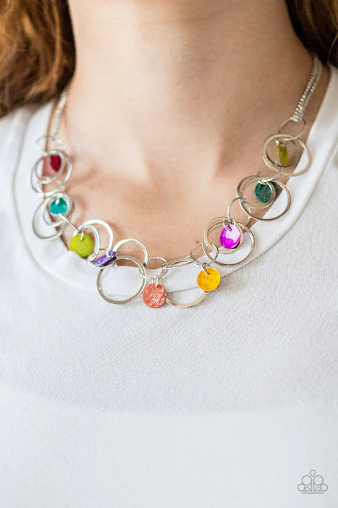 A Hot SHELL-er - Multi Bit of Iridescent Shell Mismatched Hoops Necklace N#6404