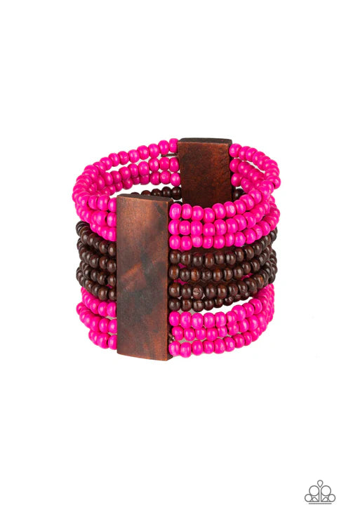 JAMAICAN Me Jam - Oversized Pink (Pink/Brown) Infused Rectangular Distressed Wooden Bracelet B#7267