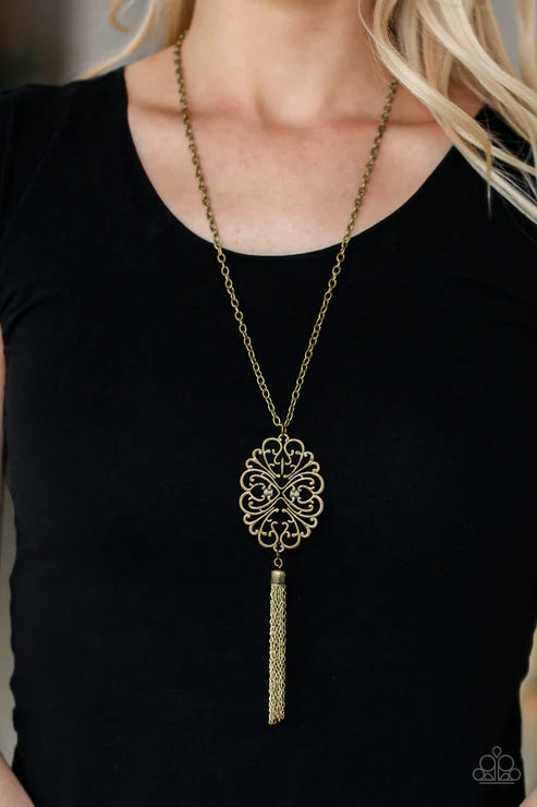 A MANDALA Of The People - Oversized Brass Mandala Swirl Filigree Tassel Necklace N#3188
