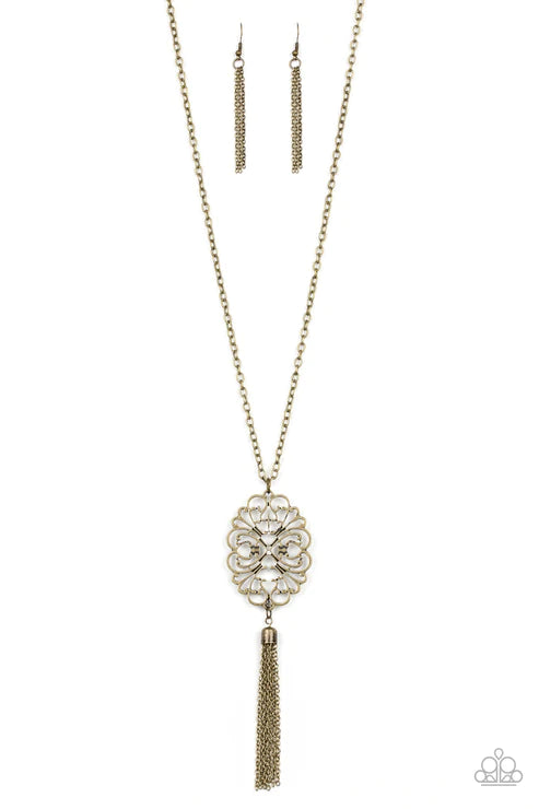 A MANDALA Of The People - Oversized Brass Mandala Swirl Filigree Tassel Necklace N#3188