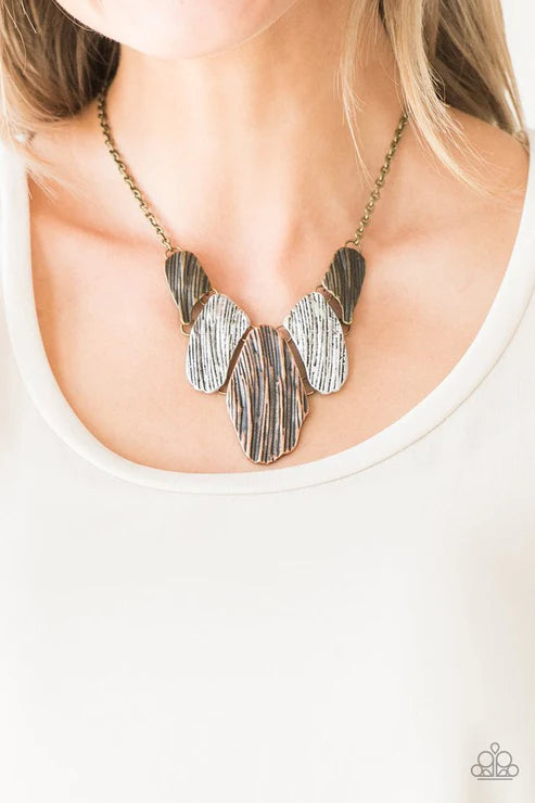 A New DISCovery - Multi (Brass/Copper/Silver) Edgy Engraved Antiqued Textured Asymmetrical Link Plates Necklace N#6145