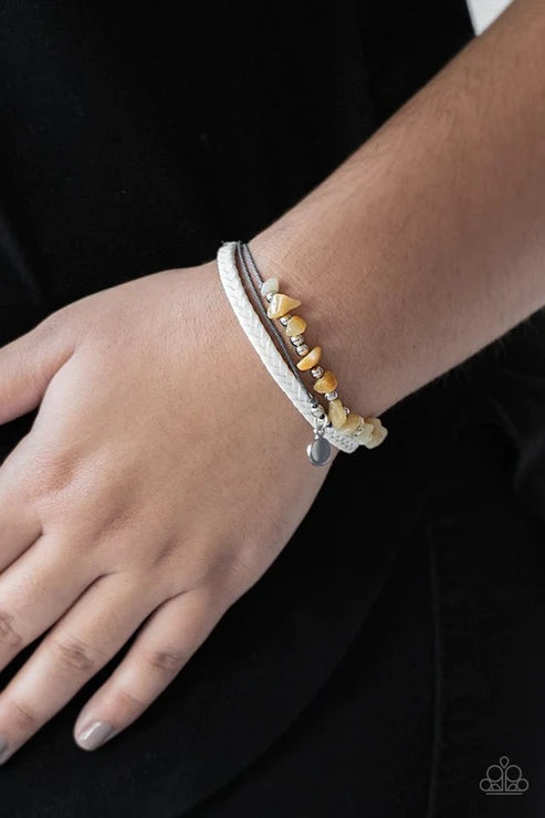 A PEACE Of Work - Yellow/Gray/White/Silver Infused Knotted Braided Rock Accent Leather Adjustable Sliding Knot Closure Urban Bracelet B#3876