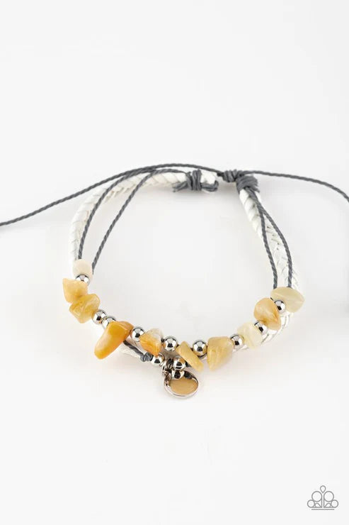 A PEACE Of Work - Yellow/Gray/White/Silver Infused Knotted Braided Rock Accent Leather Adjustable Sliding Knot Closure Urban Bracelet B#3876