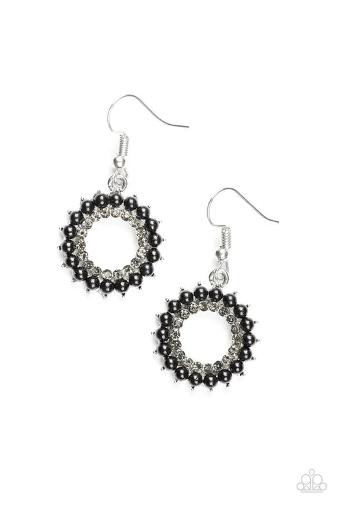 A Proper Lady - Black Smoky Pearl Blooming Dahlia Encrusted Circle Earrings E#3842