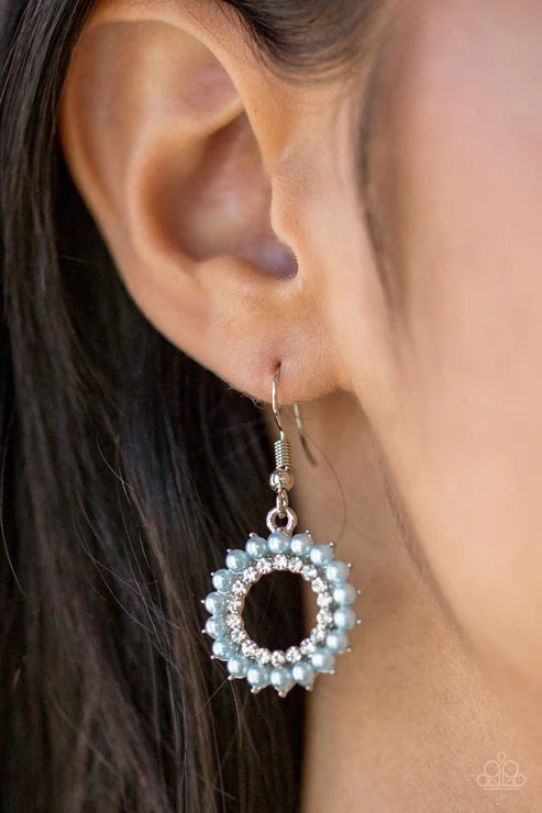 A Proper Lady - Blue Pearl Blooming Dahlia Encrusted Circle Earrings E#5554