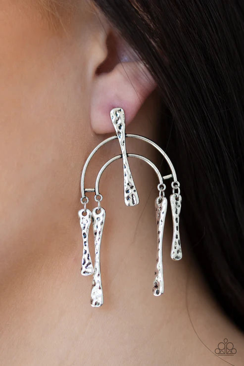 ARTIFACTS Of Life - Silver Hammered Bars Dangle Abstract Lure Earrings E#3112