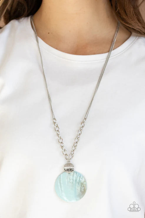 A Top-SHELLer - Oversized Blue Textured Disc Links Shell Summery Pendant Necklace N#3586