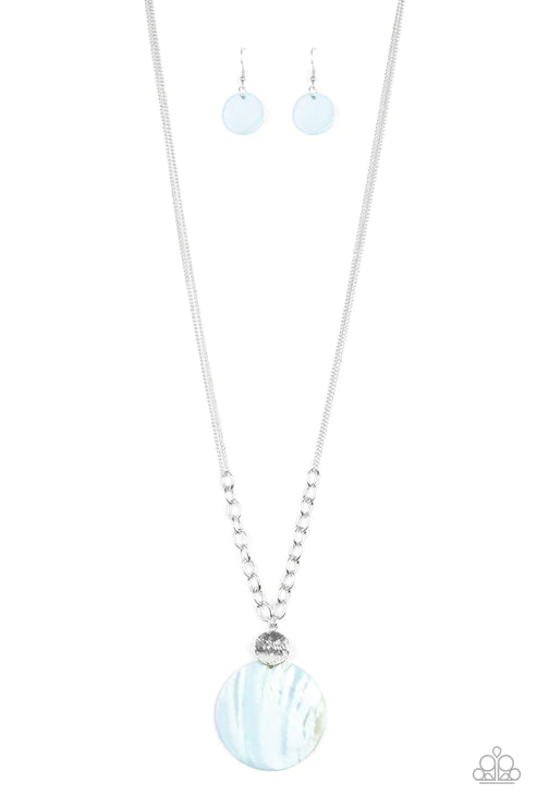 A Top-SHELLer - Oversized Blue Textured Disc Links Shell Summery Pendant Necklace N#3586