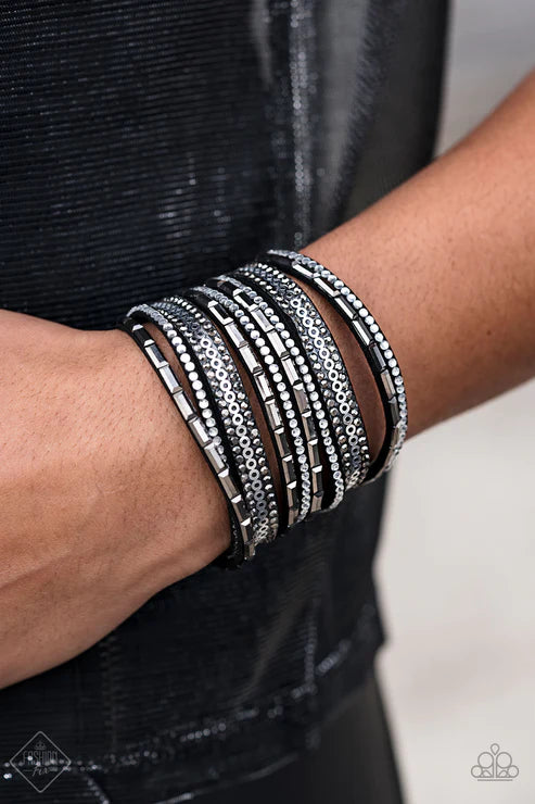 A Wait-and-SEQUIN Attitude - Black Spliced Smoky Hematite Encrusted Accent Suede Bracelet B#4214