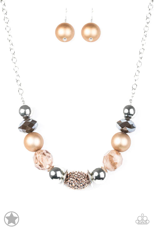 2-Piece Oversized Brown/Copper Tone Oblong Faceted Glazed Studded Encrusted Set SET#5557