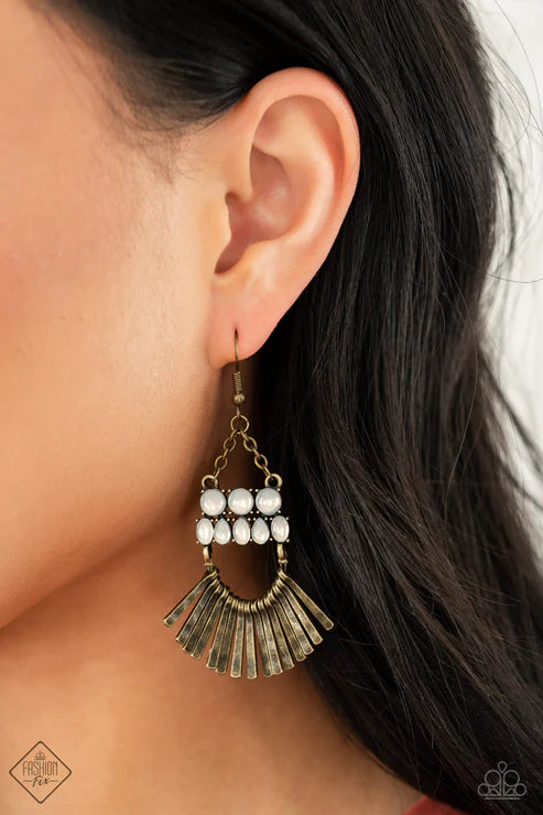 A FLARE For Fierceness - Oversized Brass Hammered Brass Rods Fans Out Brass Wire Stacked Rows Opalescent White Beads Mismatched Dewy Beads Brass Chains Coalescing Ethereally Rustic Chandelier Earrings E#7377