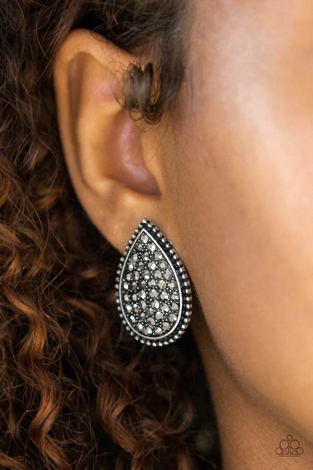 A Run For Their Money - Oversized Silver Hematite Encrusted Studded Teardrop Earrings E#7151