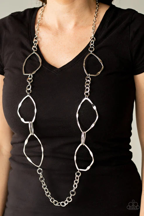 Abstract Artifact - Oversized Silver Mismatched Links/Oval/Flattened Asymmetrical Abstract Necklace N#3100