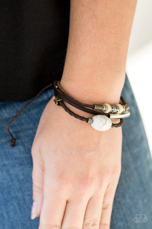 Across The Globe - Brown/White Globe Stone Mixed Metallic Mismatched Accent Slide Along Braided Leather Adjustable Sliding Knot Closure Urban Bracelet B#3407