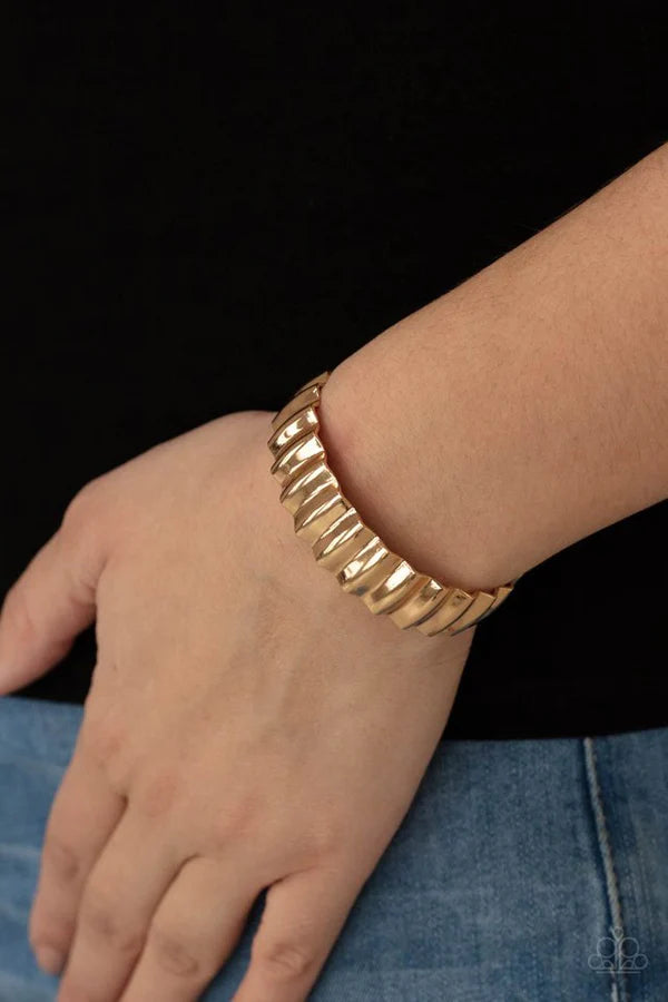 Across The HEIR-Waves - Gold High Sheen Crinkled Curled Industrial Cuff Bracelet B#4720