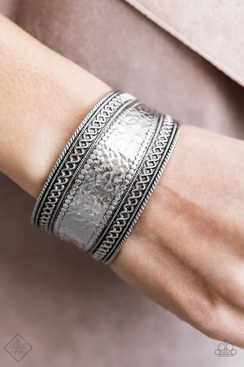 Adobe Adventure - Oversized Silver Embossed/Hammered/Studded Textured Tribal Curled Cuff Bracelet B#3902