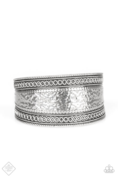 Adobe Adventure - Oversized Silver Embossed/Hammered/Studded Textured Tribal Curled Cuff Bracelet B#3902