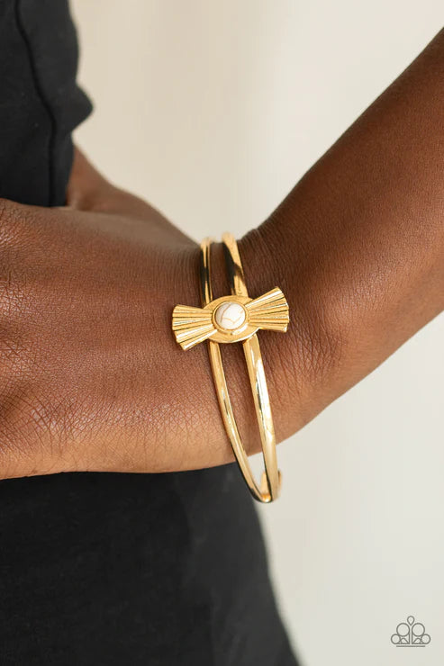 Adobe Sunset - White/Gold Dotted Flared Stone Cuff Bracelet B#4158