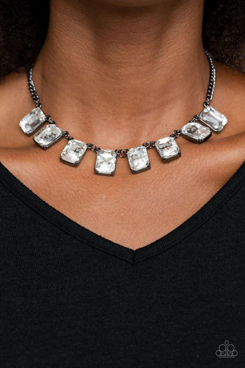 After Party Access - Oversized Black Encased Gunmetal Fittings Regal Small/Large White Emerald Timeless Finish Necklace N#7420