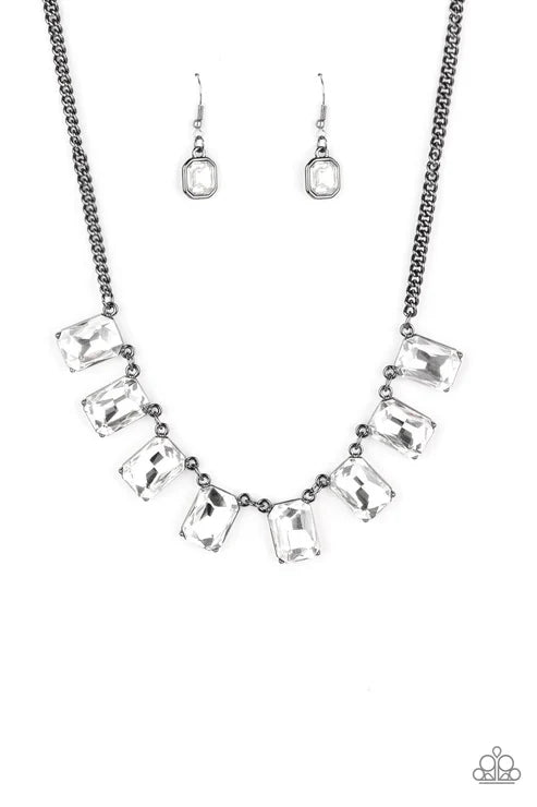 After Party Access - Oversized Black Encased Gunmetal Fittings Regal Small/Large White Emerald Timeless Finish Necklace N#7420