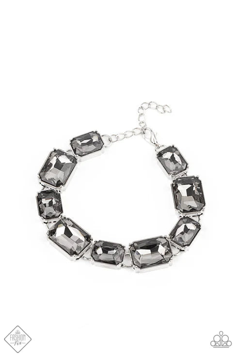 2-Piece Oversized Silver Encased Regal Chain Smoky Emerald-Cut Gems Fans Out Dramatic Set SET#7370