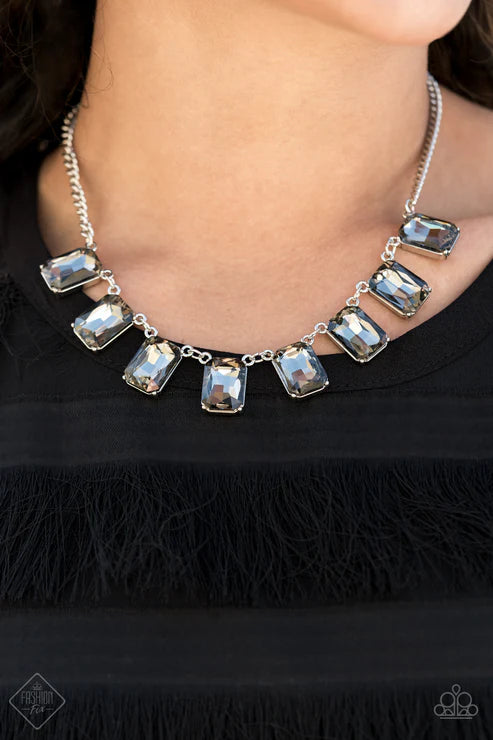 2-Piece Oversized Silver Encased Regal Chain Smoky Emerald-Cut Gems Fans Out Dramatic Set SET#7370