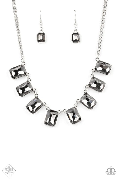 2-Piece Oversized Silver Encased Regal Chain Smoky Emerald-Cut Gems Fans Out Dramatic Set SET#7370