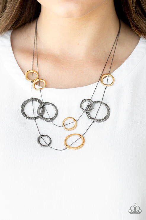 Ageless Aesthetics - Oversized Black (Gunmetal/Gold) Smooth/Hammered Asymmetrical Wire Rings Necklace N#3530