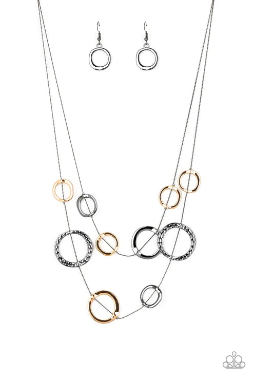Ageless Aesthetics - Oversized Black (Gunmetal/Gold) Smooth/Hammered Asymmetrical Wire Rings Necklace N#3530