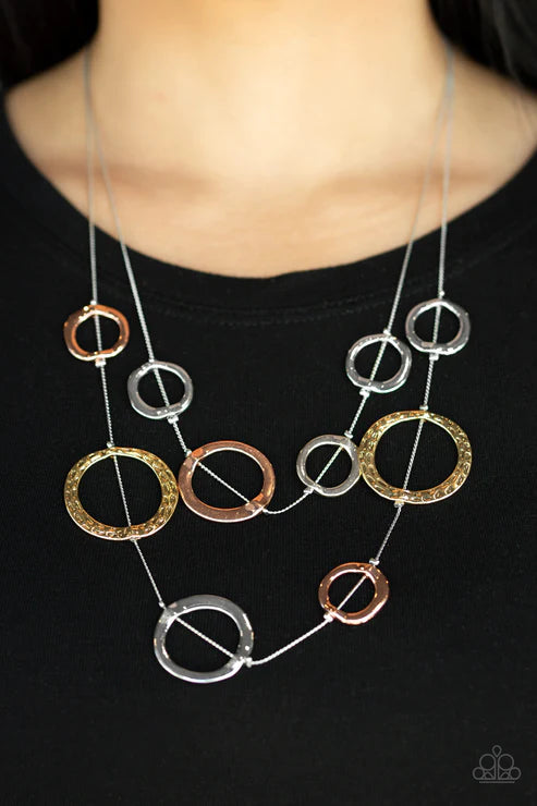 Ageless Aesthetics - Oversized Multi (Gold/Silver/Copper) Smooth/Hammered Asymmetrical Wire Rings Necklace N#4405