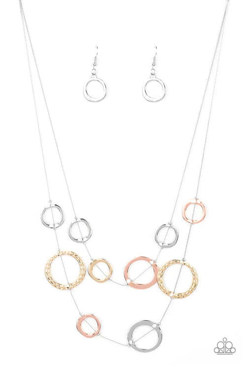 Ageless Aesthetics - Oversized Silver (Silver/Gold) Smooth/Hammered Asymmetrical Wire Rings Necklace N#3377