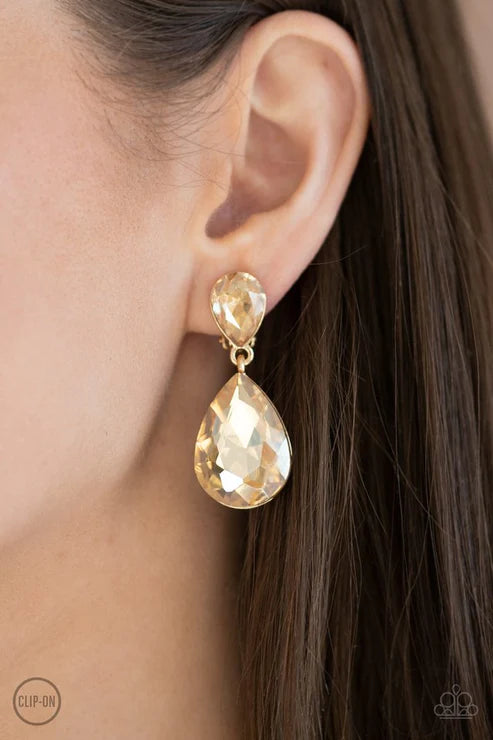 Aim For The MEGASTARS - Oversized Gold/Golden Teardrop Clip-On Earrings E#5785