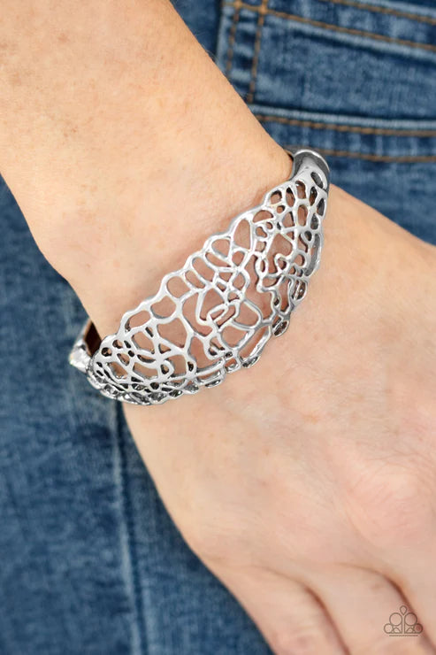 Airy Asymmetry - Oversized Silver Airy Asymmetry Stenciled Cuff Hinge Bracelet B#4444