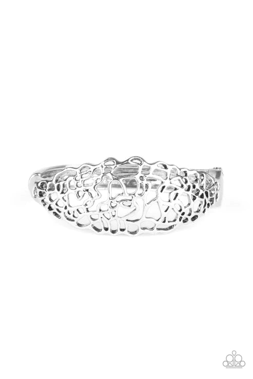Airy Asymmetry - Oversized Silver Airy Asymmetry Stenciled Cuff Hinge Bracelet B#4444
