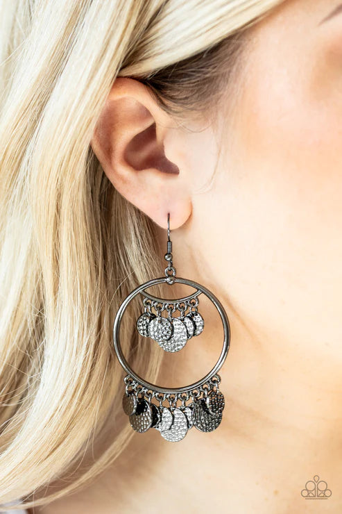 All-CHIME High - Oversized Black Hammered Discs Fringe Hoop Earrings E#3865