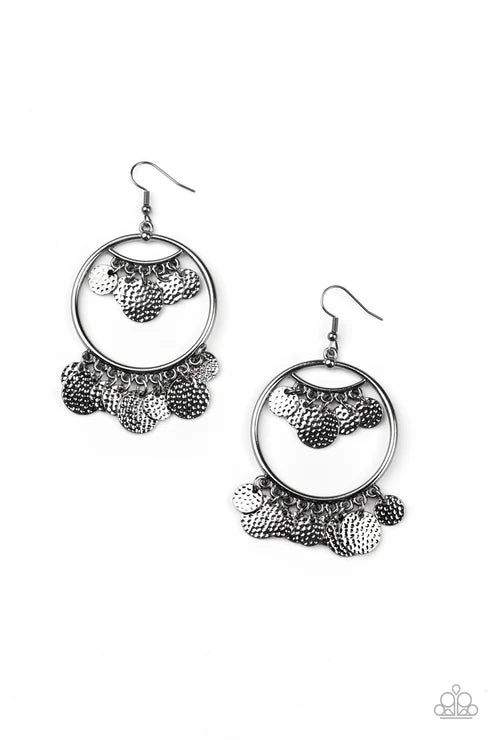 All-CHIME High - Oversized Black Hammered Discs Fringe Hoop Earrings E#3865