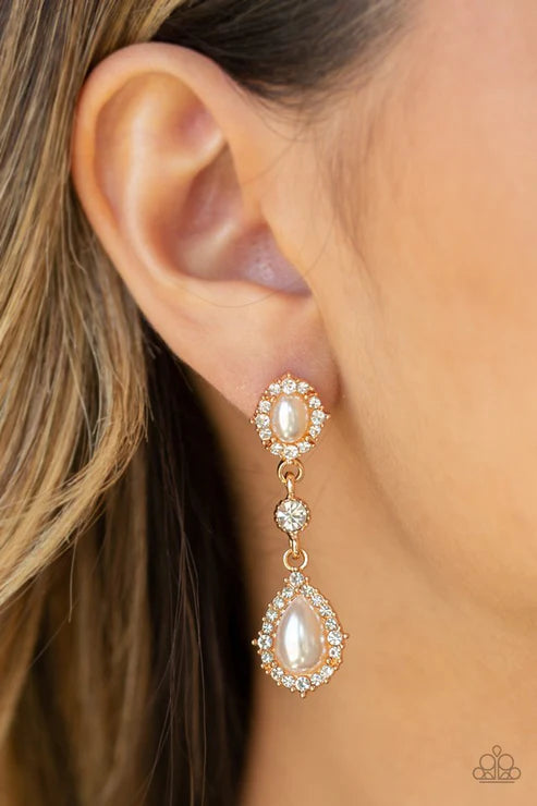 All-GLOWING - Gold Pearl Encrusted Duo Linked Earrings E#2840