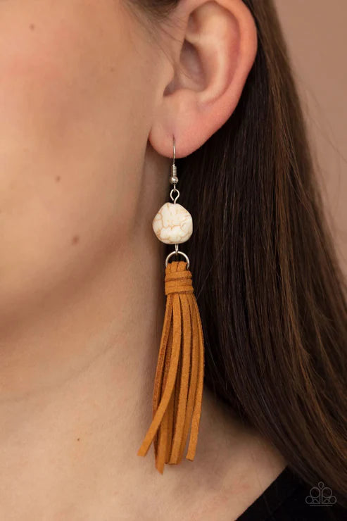 All-Natural Allure - Oversized White Rustic Tassel Imperfect  Stone Suede Earrings E#7317