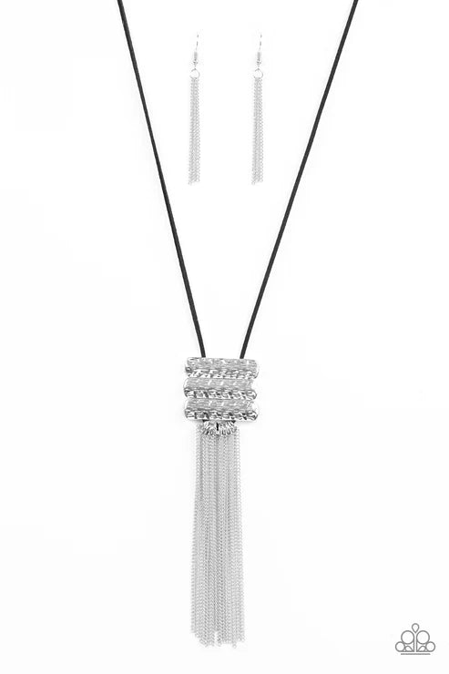 All About ALTITUDE - Black/Silver Hammered Plates Suede Chains Stream Tassel Necklace N#4375