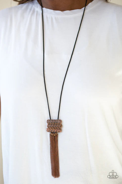 All About ALTITUDE - Copper/Black Hammered Plates Suede Chains Stream Tassel Necklace N#3816