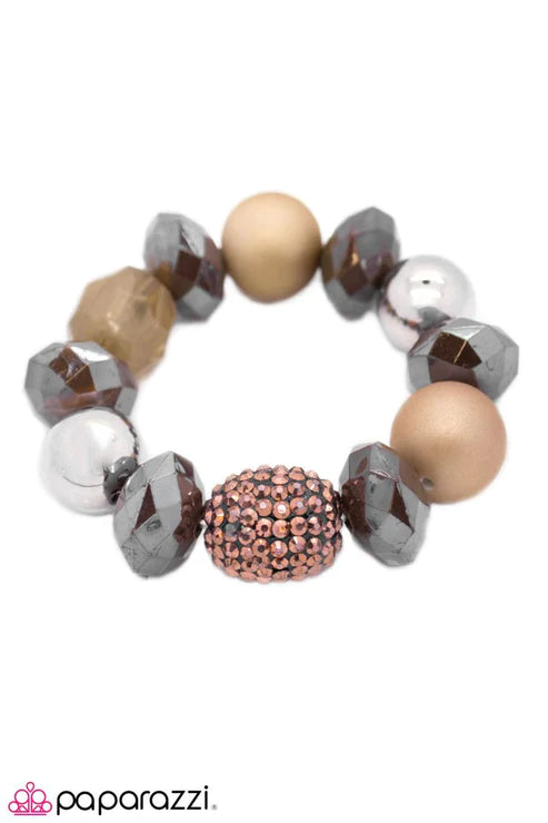 All Cozied Up - Oversized Brown/Copper Tone Oblong Faceted Glazed Studded Encrusted  Bracelet B#5715