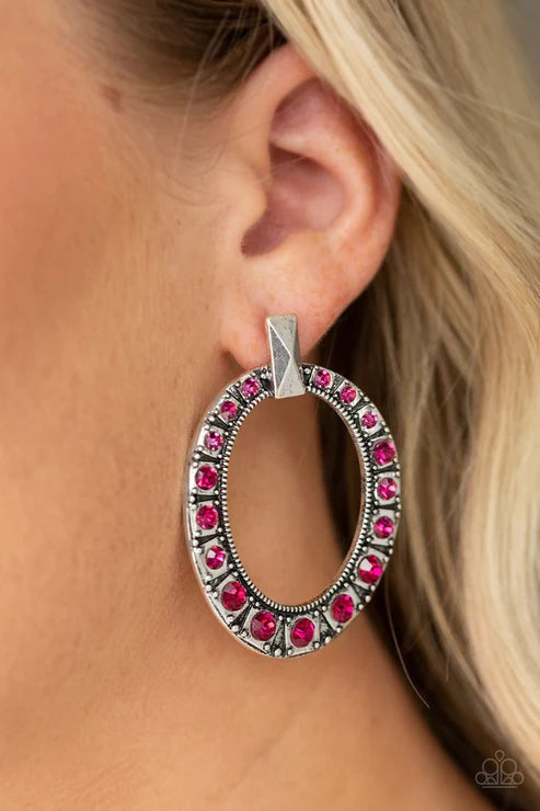 All For GLOW - Oversized Pink Faceted Beveled Encrusted Edgy Hoop Earrings E#2849
