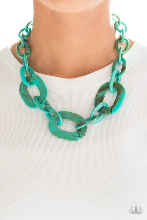 All In-VINCIBLE - Oversized Blue Bold Faux Marble Connected Links Necklace N#5892