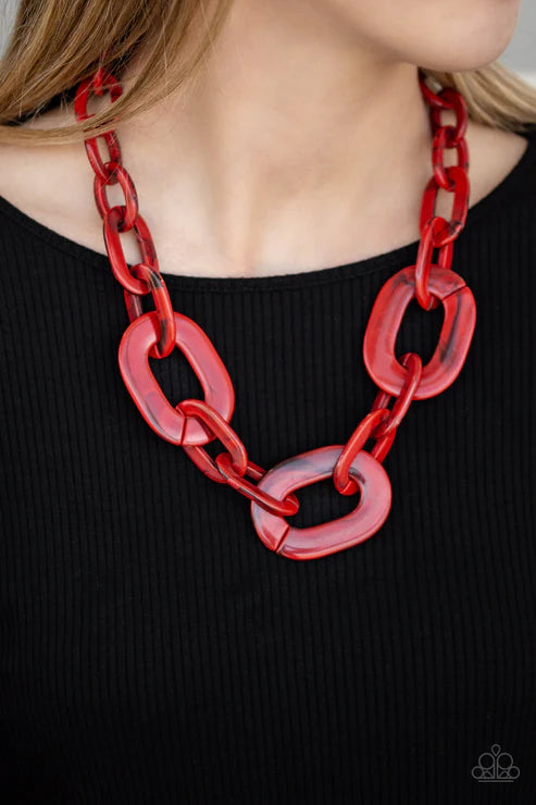 All In-VINCIBLE - Oversized Red Bold Faux Marble Connected Links Necklace N#5432