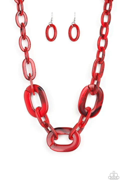 All In-VINCIBLE - Oversized Red Bold Faux Marble Connected Links Necklace N#5432